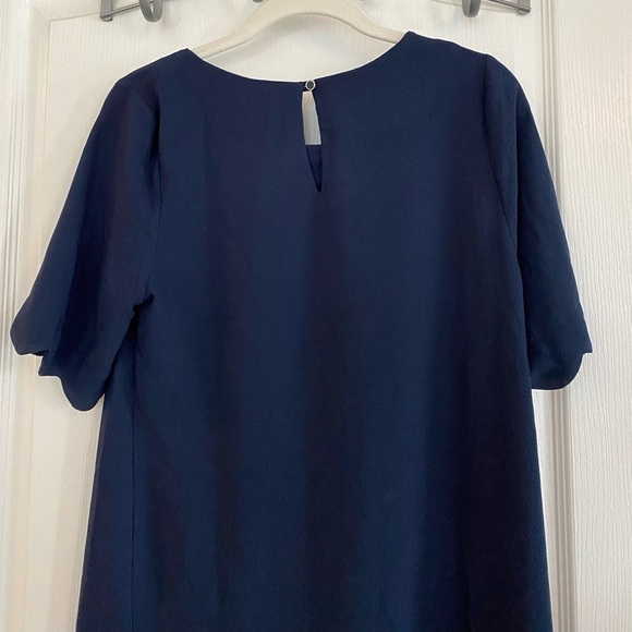 Monteau LA Jewel Neck Short Sleeves Scalloped Trim Sheath Dress Navy Blue Medium - Picture 8 of 11